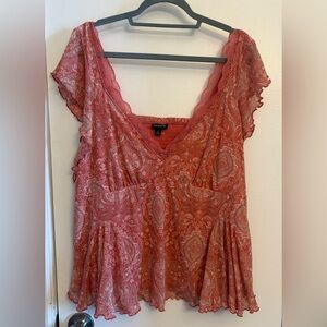 Torrid Coral & Pink Paisley Lace Trim Blouse